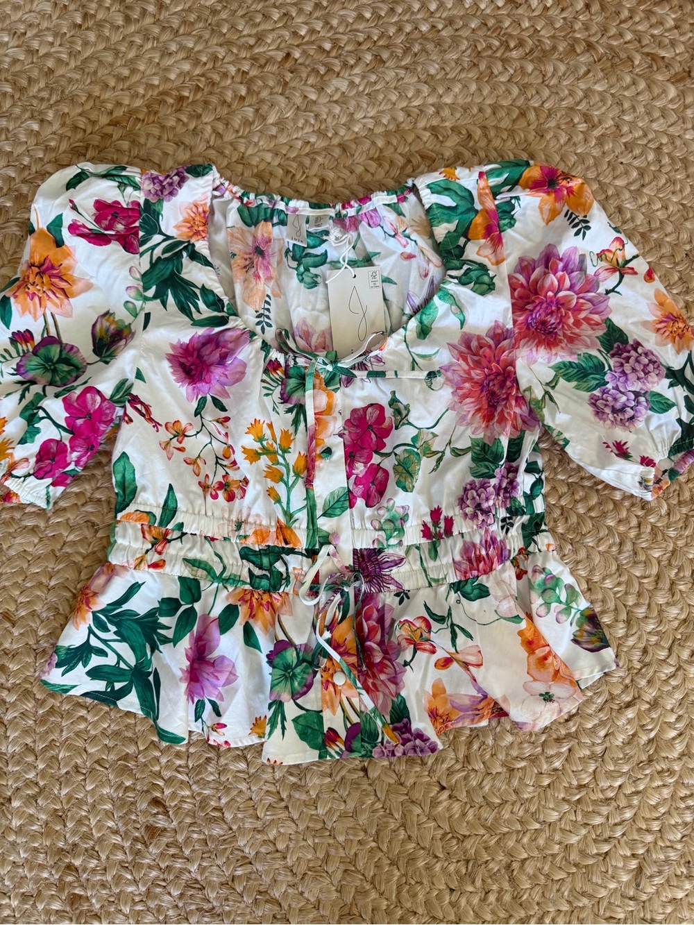 Joie White Floral Peplum Blouse with Pink, Purple & Green Blooms